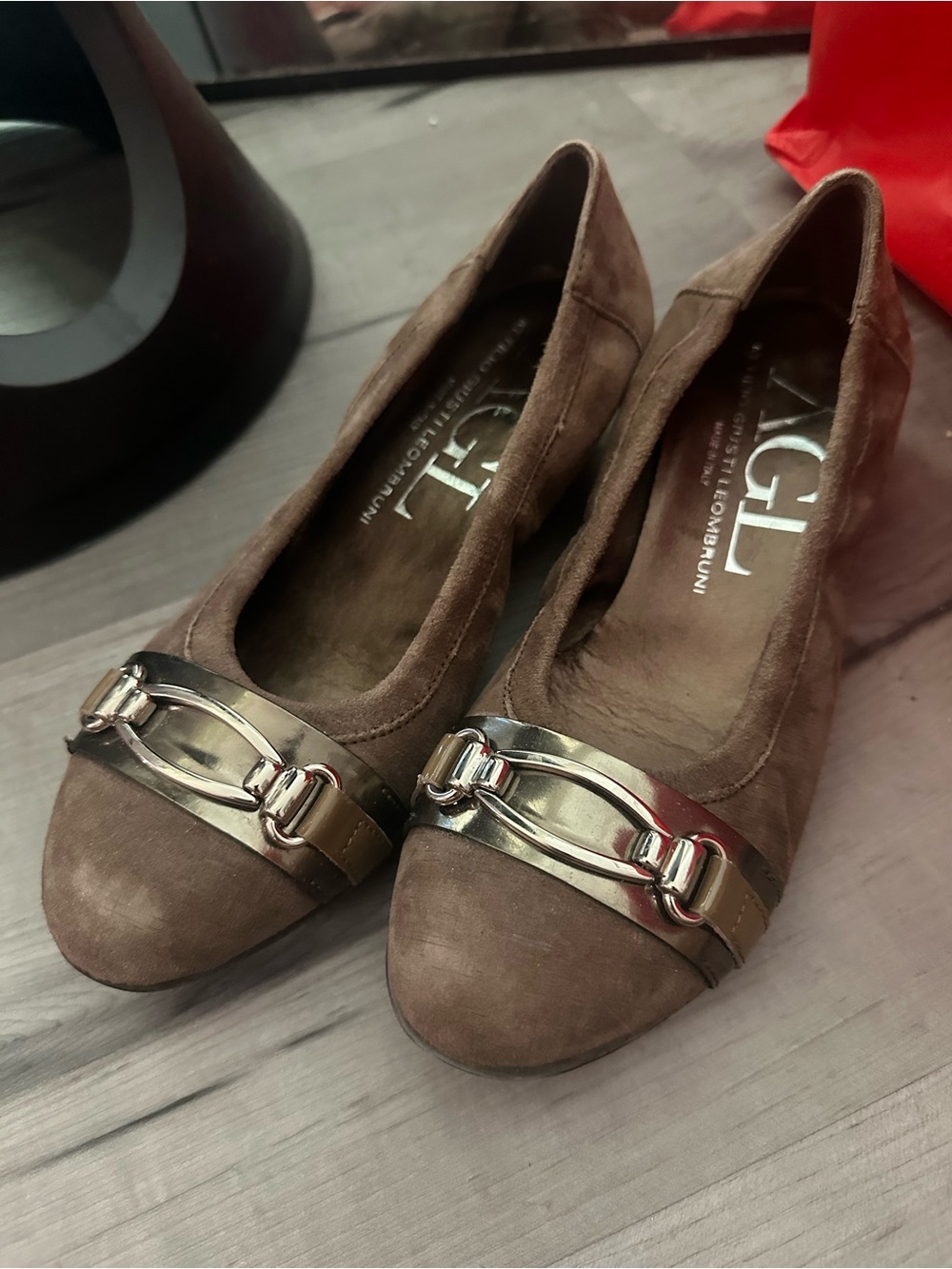AGL Taupe Suede Ballet Flats with Metallic Gold Buckle